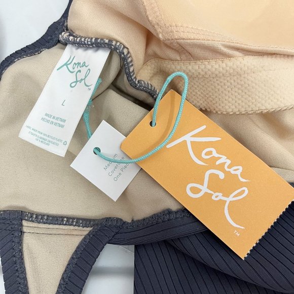 Kona Sol NEW Gray Tropical Floral Ribbed One Piece Swimsuit Scoop Back - LARGE - Picture 4 of 5